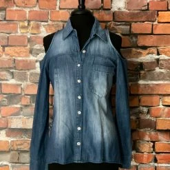 Scandalicious TIFFIANY'S CLOSET Cold-Shoulder Denim Shirt With Rhinestone Buttons
