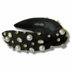 Brianna Cannon Hats/Headbands/Scarves/Gloves Black Twill Headband With Large Pearls And Crystals 8 Brianna Cannon Hats/Headbands/Scarves/Gloves Black Twill Headband With Large Pearls And Crystals