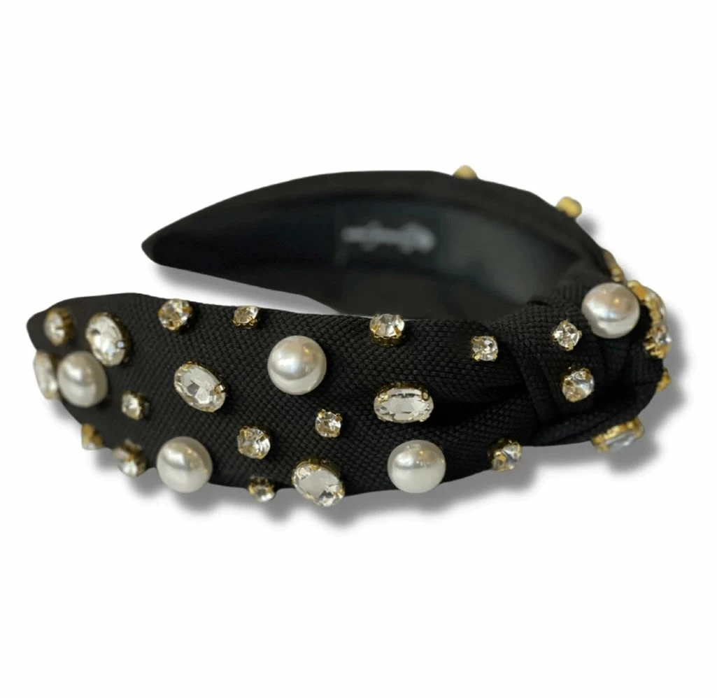 Brianna Cannon Hats/Headbands/Scarves/Gloves Black Twill Headband With Large Pearls And Crystals 5 Brianna Cannon Hats/Headbands/Scarves/Gloves Black Twill Headband With Large Pearls And Crystals