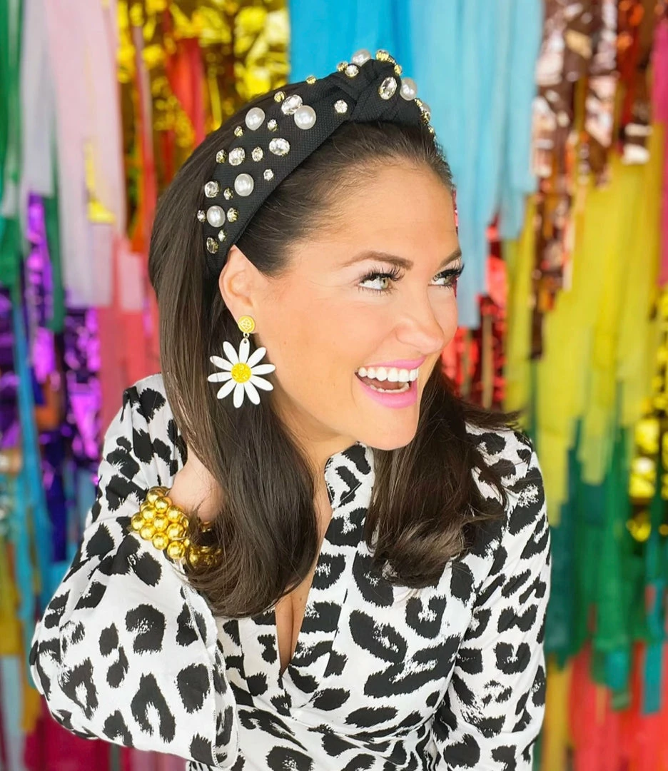 Brianna Cannon Hats/Headbands/Scarves/Gloves Black Twill Headband With Large Pearls And Crystals 4 Brianna Cannon Hats/Headbands/Scarves/Gloves Black Twill Headband With Large Pearls And Crystals