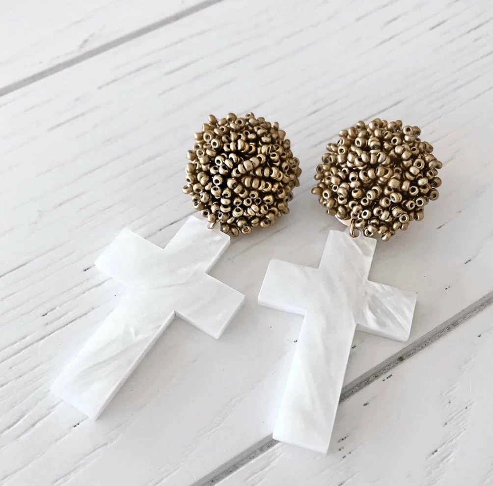 Brianna Cannon Jewelry Pearl White Acrylic Cross With Gold Beaded Top 3 Brianna Cannon Jewelry Pearl White Acrylic Cross With Gold Beaded Top