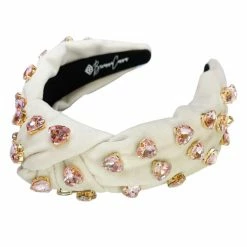 Brianna Cannon Ivory Velvet Headband With Hand-Sewn Pink Heart Crystals New Arrivals
