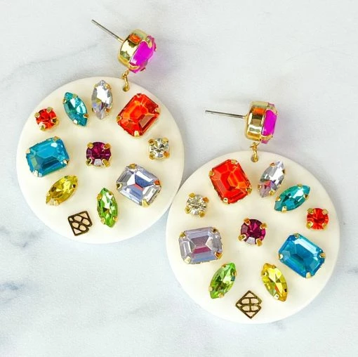 Brianna Cannon White Round Drop Earrings With Rainbow Crystals Jewelry