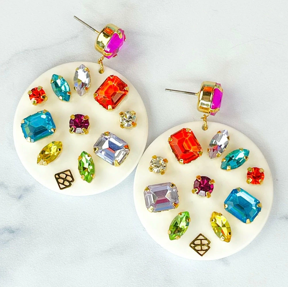 Brianna Cannon White Round Drop Earrings With Rainbow Crystals Jewelry 3 Brianna Cannon White Round Drop Earrings With Rainbow Crystals Jewelry