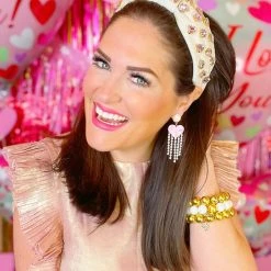 Brianna Cannon Ivory Velvet Headband With Hand-Sewn Pink Heart Crystals New Arrivals