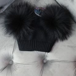 Maniere Double Raccoon Fur Baby Pom Beanie Kid's Hats