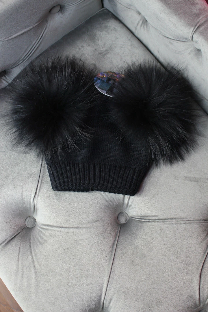 Maniere Double Raccoon Fur Baby Pom Beanie Kid's Hats 3 Maniere Double Raccoon Fur Baby Pom Beanie Kid's Hats