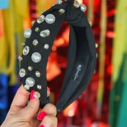 Brianna Cannon Hats/Headbands/Scarves/Gloves Black Twill Headband With Large Pearls And Crystals 9 Brianna Cannon Hats/Headbands/Scarves/Gloves Black Twill Headband With Large Pearls And Crystals
