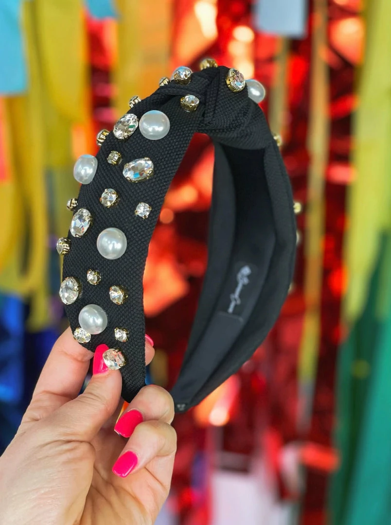 Brianna Cannon Hats/Headbands/Scarves/Gloves Black Twill Headband With Large Pearls And Crystals 6 Brianna Cannon Hats/Headbands/Scarves/Gloves Black Twill Headband With Large Pearls And Crystals